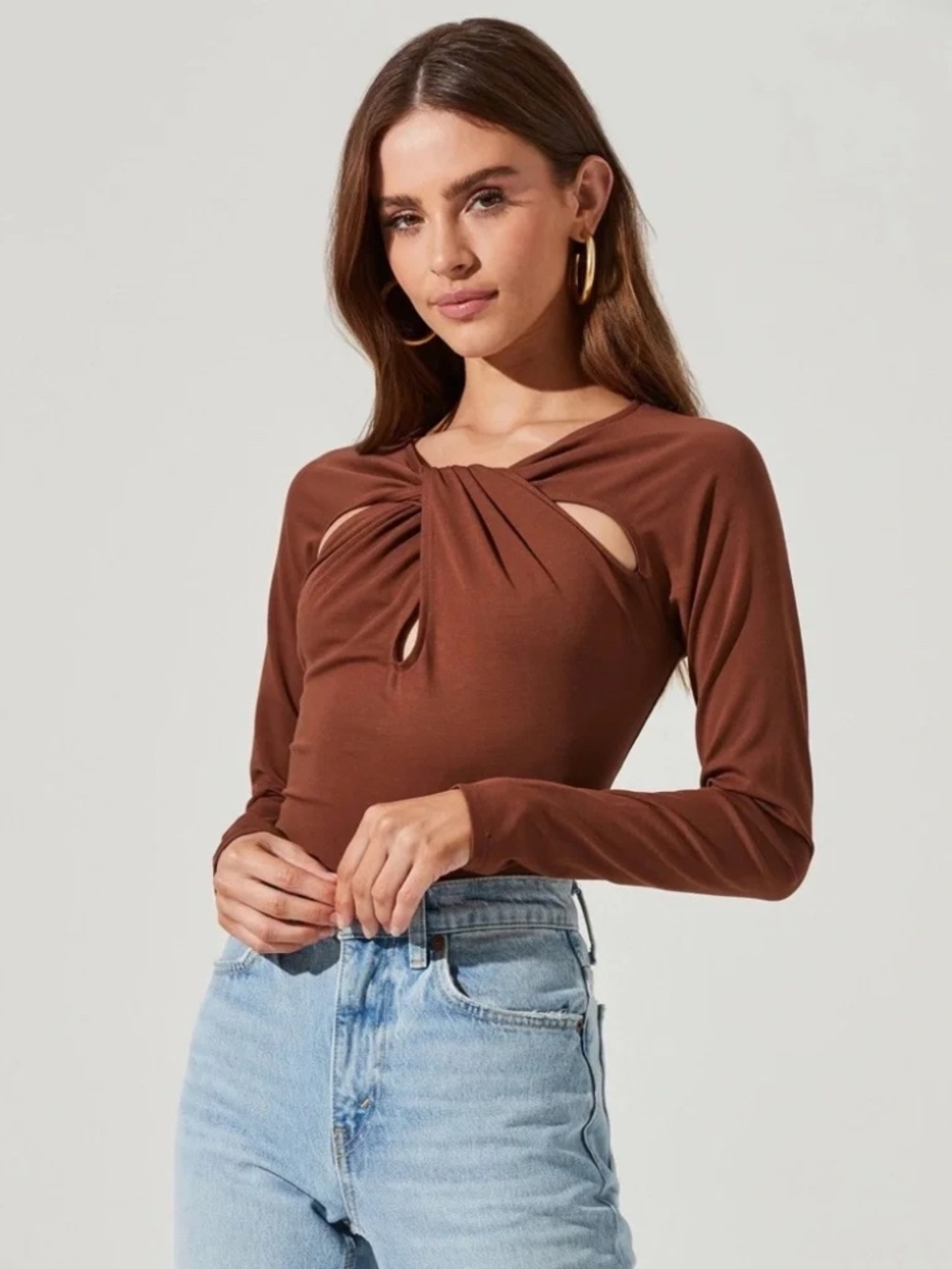 ASTR Chocolate Brown Long-Sleeve Twist-Front Bodysuit
